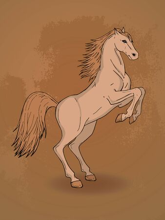 Vector hand drawn illustration with rearing horse on textured background. In beige colors.のイラスト素材