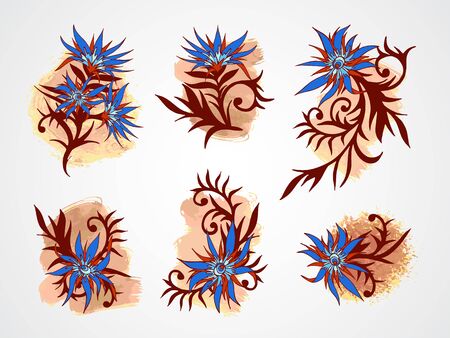 Vector set of hand drawn flowers, branches and leaves with textured watercolor element. In blue and brown colors.のイラスト素材