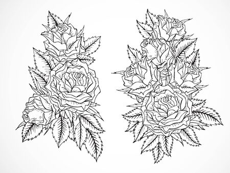 Vector set of black contour hand drawn roses and leaves.のイラスト素材