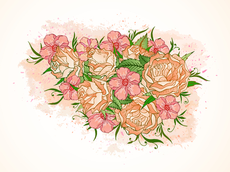 Vector illustration with hand drawn roses, flowers and leaves on a background with textured watercolor elements. In red and orange colors. Gradient used.のイラスト素材