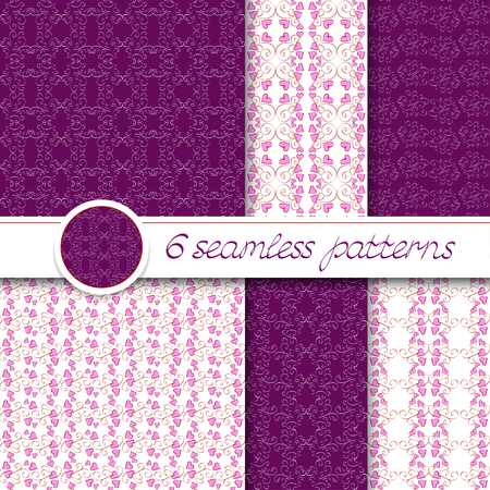 Vector set of six decorative ornamental seamless patterns . Collection of patterns in purple colors.のイラスト素材