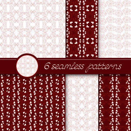 Vector set of six decorative ornamental seamless patterns . Collection of patterns in red and white colors.のイラスト素材