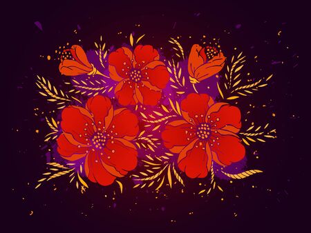 Vector hand drawn illustration with flowers on textured watercolor background. In purple and red colors.のイラスト素材