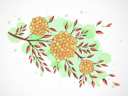 Vector hand drawn illustration with twig and flowers on textured watercolor background. In orange, yellow and green colors.のイラスト素材