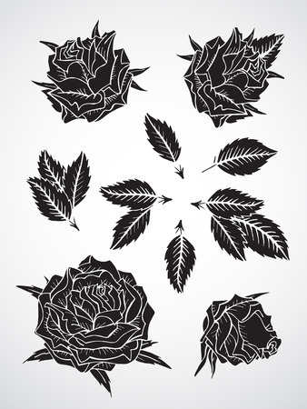 Vector set of black silhouettes hand drawn roses and leaves.のイラスト素材
