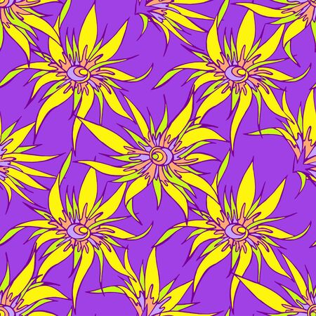 Seamless pattern with hand drawn flowers. In violet and yellow colors.のイラスト素材