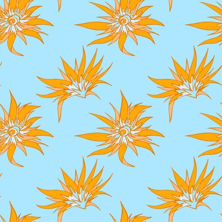 Seamless pattern with hand drawn flowers. In light blue and orange colors.のイラスト素材