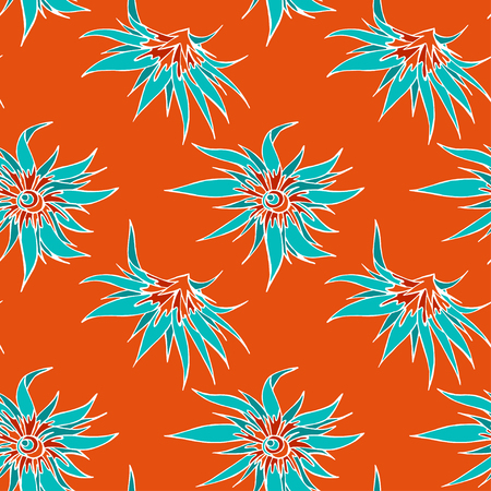 Seamless pattern with hand drawn flowers. In turquoise and orange colors.のイラスト素材