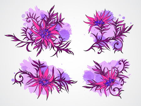 Vector set of hand drawn flowers, branches and leaves with textured watercolor element. In violet colors.のイラスト素材
