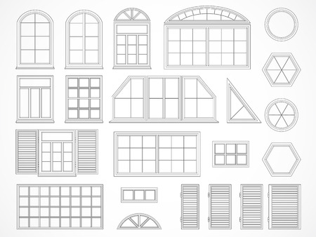 Vector set of black contours windows and shutters. Isolated. Icons.のイラスト素材