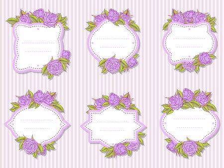 Vector set of labels with hand drawn roses and leaves. In lilac and green colors.のイラスト素材