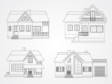 Vector set of private houses linear. Black contour.のイラスト素材