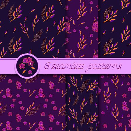 set of six seamless patterns with flowers and floral elements. In purple and orange colors.のイラスト素材