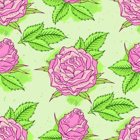 seamless pattern with  roses and watercolor elements. In pink and green colors.のイラスト素材