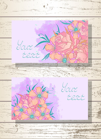 Vector set of templates invitations or greeting cards with hand drawn flowers, roses and watercolor elements on a wooden background. Collection of templates in pink and light blue colors.のイラスト素材