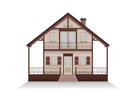 Vector illustration of detailed suburban family house with mansard. Wooden house. Isolated on white background.のイラスト素材