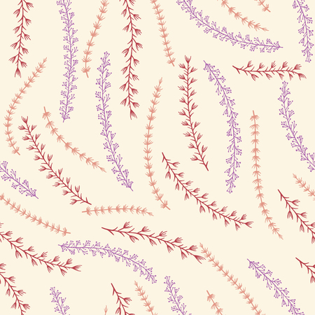 Vector seamless pattern with hand drawn floral elements. In red, lilac and pink colors.のイラスト素材