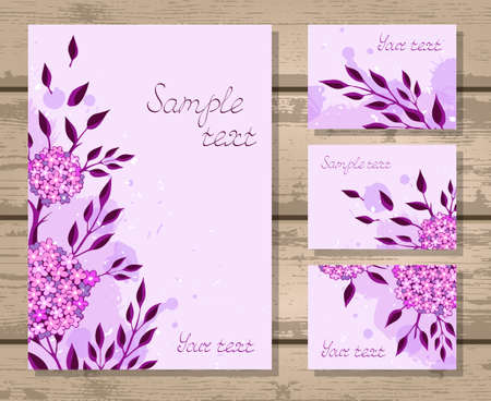 Vector set of templates invitations or greeting cards with hand drawn flowers and watercolor elements on a wooden background. Collection of templates in purple colors.のイラスト素材