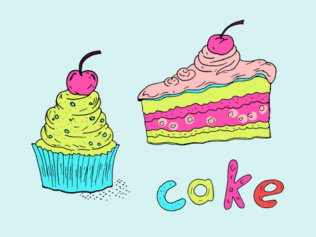 Hand-drawn illustration of a cake, cupcake and handwritten inscription “Cake”. Colored sketch.