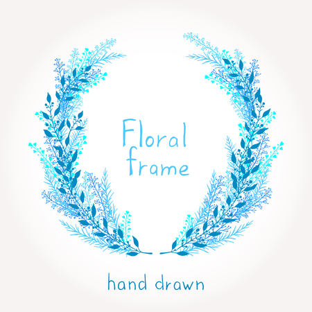 Vector floral hand drawn round frame. In blue color.のイラスト素材