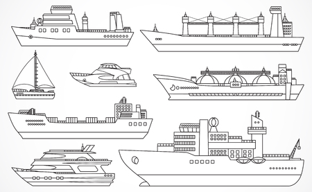 Vector set of ships: tanker, bulk carrier, dry cargo ship, icebreaker, trawler, yacht, sailboat.  Black contours. Please see other sets of ships.のイラスト素材
