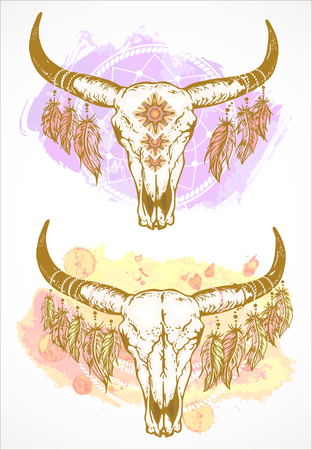 Vector illustration with a wild buffalo skulls and feathers, in the boho style. On a watercolor decorative background. Hand drawn graphic. For t-shirts, posters and other your design.のイラスト素材