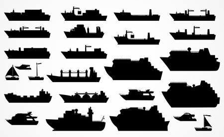 Vector set of different ships: dry cargo ships, container ships, tanker, bulk carrier, dry cargo ship, icebreaker, trawler, yacht, sailboat, ?ruise ship. Black silhouettes. Please see other sets of ships.のイラスト素材