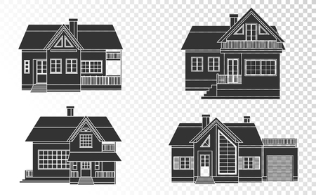 Vector set of houses linear. Black silhouette.のイラスト素材