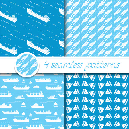 Vector set of four seamless patterns with ships: bulk carrier, dry cargo ship, yacht, sailboat.のイラスト素材