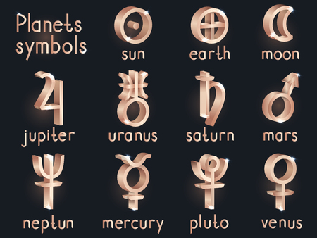 Vector set of 3d astrological planets symbols. Gold signs collection: sun, earth, moon, saturn, uranus, neptune, jupiter, venus, mars, pluto, mercury. のイラスト素材