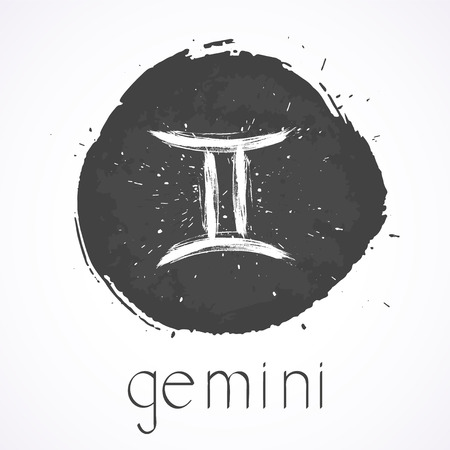 Vector illustration with Hand drawn Zodiac sign GEMINI on a grunge ink background. Monochrome.のイラスト素材