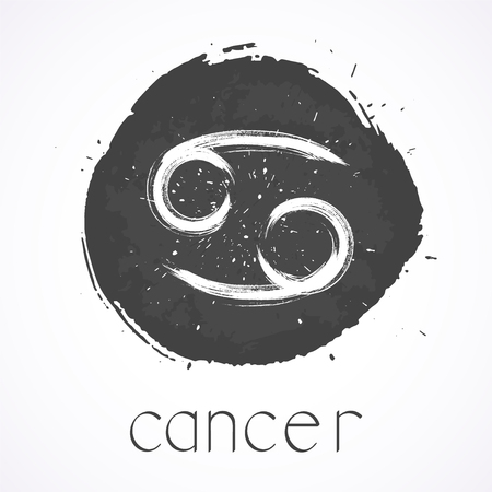 Vector illustration with Hand drawn Zodiac sign CANCER on a grunge ink background. Monochrome.のイラスト素材
