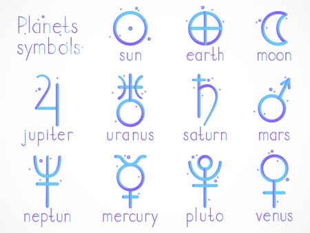 Vector set of astrological planets symbol with imitation 3d effect on white background. Signs collection: sun, earth, moon, saturn, uranus, neptune, jupiter, venus, mars, pluto, mercury. のイラスト素材