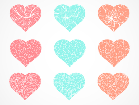 Vector set of decorative hearts with floral and abstract pattern. Elements for design. Colored.のイラスト素材