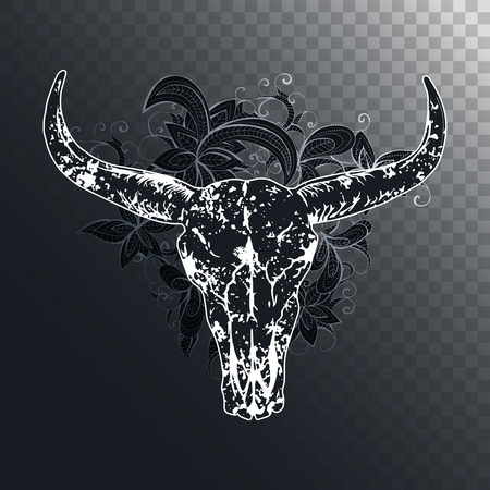 Vector illustration with a wild buffalo skulls and flowers pattern. Black and white silhouettes on a dark background. For t-shirts, posters and other your design.のイラスト素材