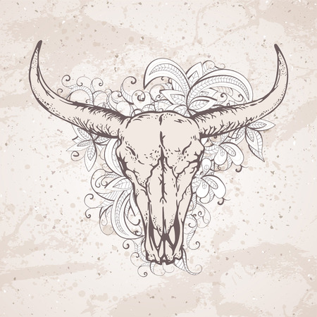 Vector illustration with a wild buffalo skulls and flowers pattern on a grunge background. For t-shirts, posters and other your design.のイラスト素材