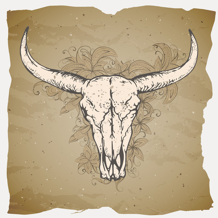 Vector illustration with a wild buffalo skulls and flowers pattern on a grunge background. For t-shirts, posters and other your design.のイラスト素材