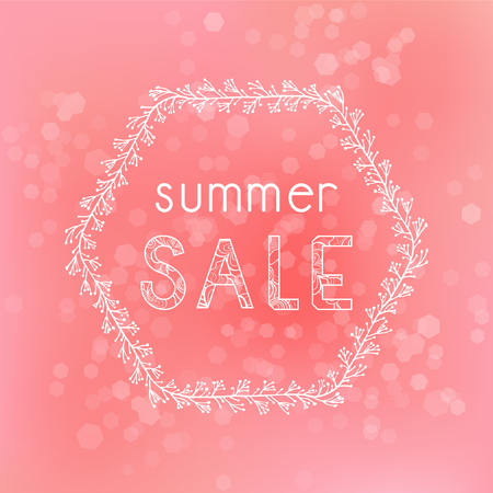Vector illustration with hand drawn floral frame, abstract background and patterned inscription Summer Sale.のイラスト素材
