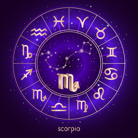 Zodiac sign and constellation SCORPIO with Horoscope circle and sacred symbols on the starry night sky background with geometry pattern. Vector illustrations in purple color. Gold elements.のイラスト素材