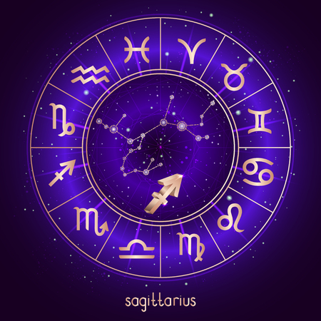 Zodiac sign and constellation SAGITTARIUS with Horoscope circle and sacred symbols on the starry night sky background with geometry pattern. Vector illustrations in purple color. Gold elements.のイラスト素材
