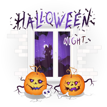 Halloween illustration with window, pumpkins and hand drawn inscription on a brick light background. Night landscape with sinister castle and a full moon outside the window.のイラスト素材