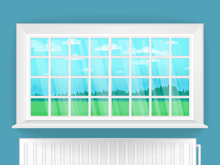 Illustration with window in realistic style and the rustic landscape outside the window.のイラスト素材