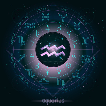 Zodiac sign and constellation AQUARIUS with Horoscope circle on the starry night sky background with geometry pattern. Sacred symbols and pictograms astrology planets in mystical circle. Pink and turquoise elements on a dark background.のイラスト素材
