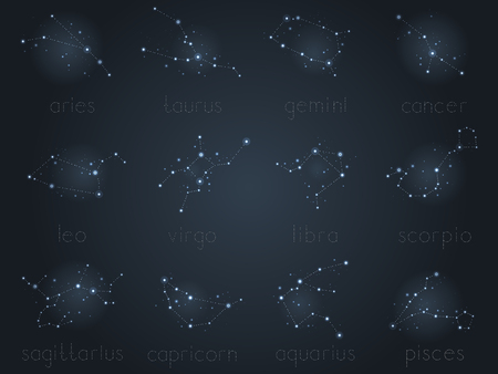 Vector set of zodiac constellations. Shining stars in the night sky. Horoscope collection: aries, taurus, gemini, cancer, leo, virgo, libra, scorpio, sagitarius, capricorn, aquarius, pisces.のイラスト素材