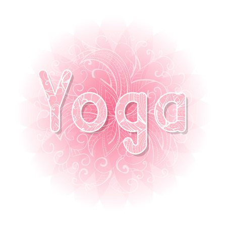 Yoga inscription on decorative backgrounds with floral pattern. Hand drawn lettering. Vector illustration.のイラスト素材