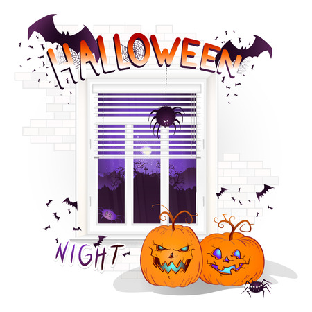 Vector Halloween illustration with window, pumpkins and hand drawn inscription on a brick light background. Night landscape with a cemetery and a full moon outside the window.のイラスト素材