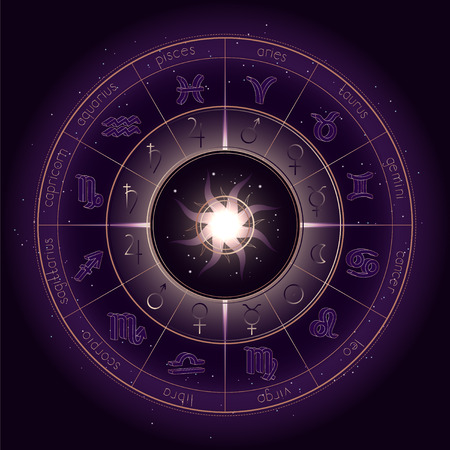 Vector illustration with Horoscope circle, Zodiac symbols and pictograms astrology planets on the starry night sky background with geometry pattern. Gold and purple elements. Vector.のイラスト素材