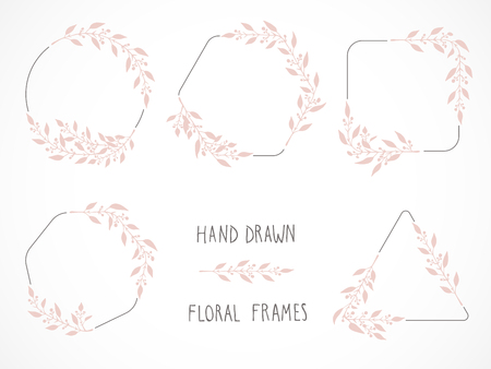 Vector set of floral hand drawn frames and decorative elements.のイラスト素材