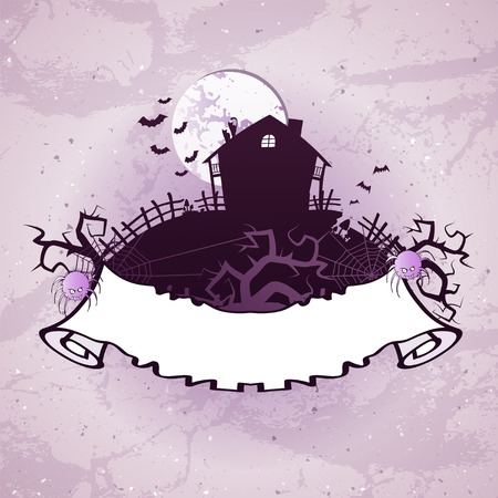Vector Halloween illustration on grunge background with old torn banner with place for your text. Cartoon style.のイラスト素材