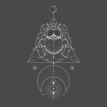 Vector illustration with hand drawn scarab and Sacred geometric symbol on black vintage background. Abstract mystic sign. White linear shape. For you design: tattoo, print, posters, t-shirts, textiles and other.のイラスト素材